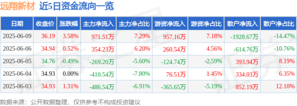 多盈策略 股票行情快报：远翔新材（301300）6月9日主力资金净买入971.51万元